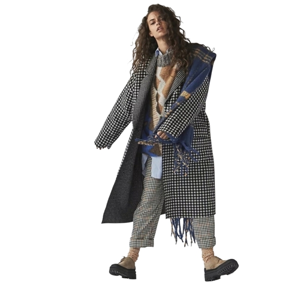 Free People Houndtooth Chelsea  Long Coat  Laine Wool Black And White Overcoat - Picture 4 of 9